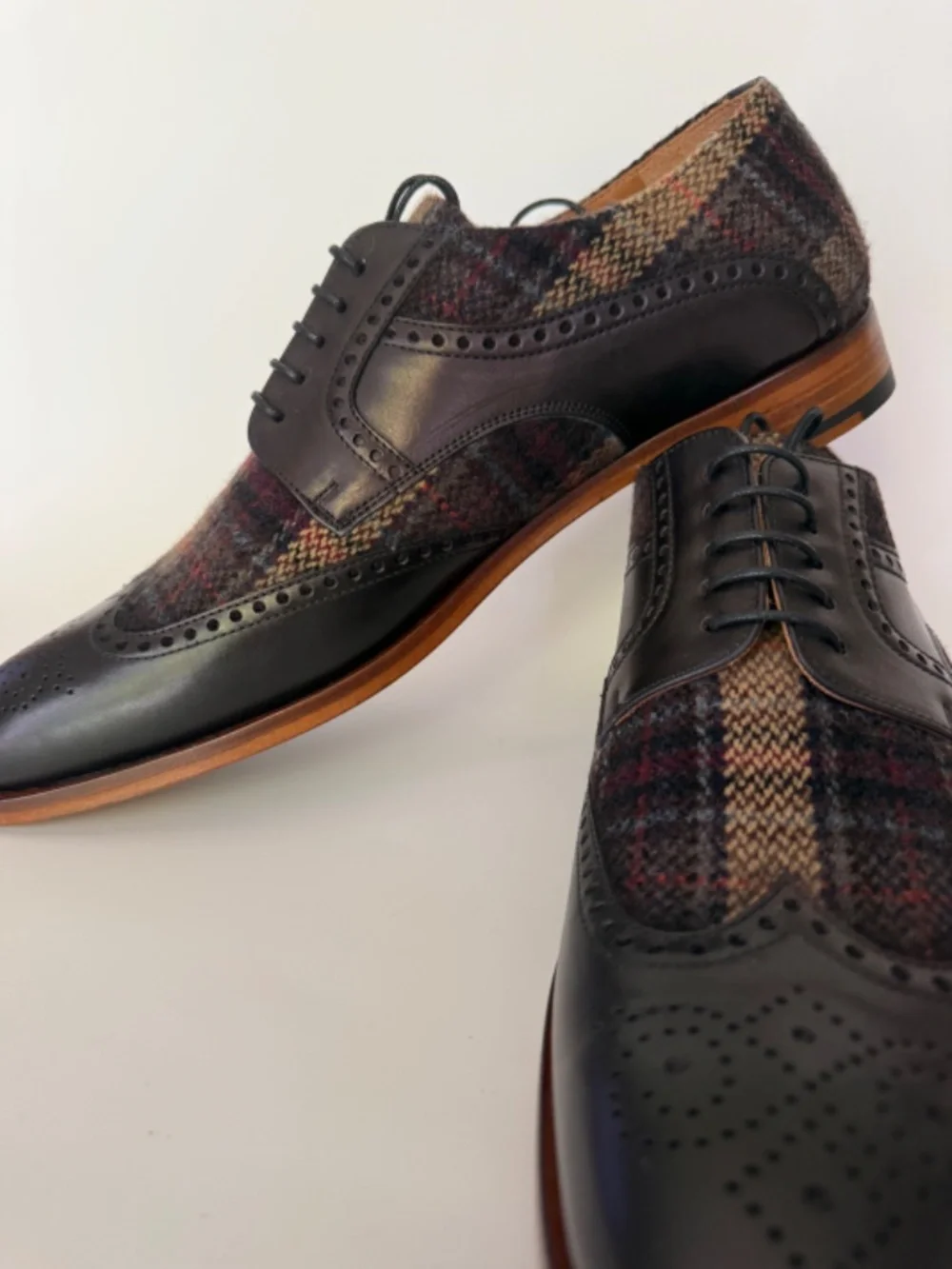 TAFT The Wallace Wingtip Oxford Black Leather Brown Tartan Plaid EU 45